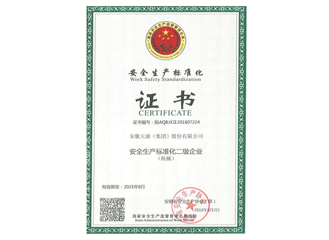 安全生產(chǎn)標(biāo)準(zhǔn)化二級(jí)企業(yè)證書